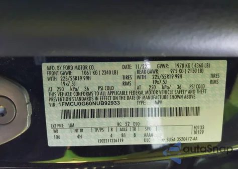 2022 Ford Escape Se z USA, uszkodzony, nr VIN 1FMCU0G60NUB92933